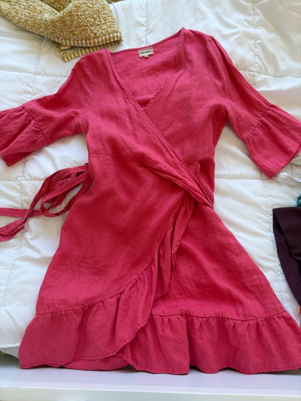 Bright Pink Wrap Mini Dress with Ruffle Hem